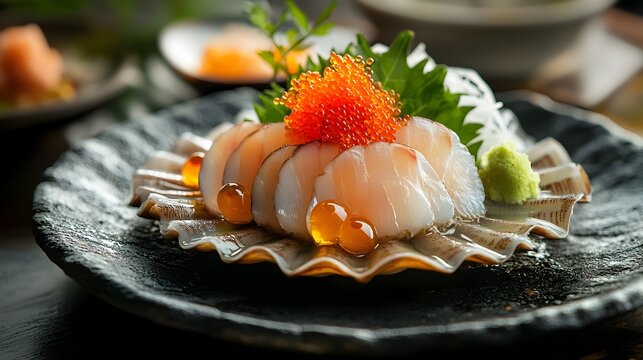 Geoduck Sashimi   Elegant Japanese Seafood Dish Served on a Simple Black Stone Plate