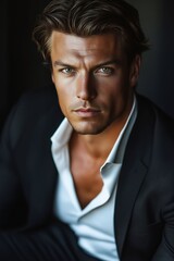 Fototapeta premium A man in a black suit and white shirt