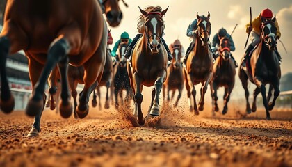 Fototapeta premium Cross view of horses racing closely in the hippodrome.