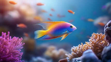 Obraz premium A school of neon-colored fish swimming in unison through a coral maze