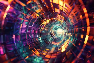 Obraz premium Abstract colorful tunnel with glowing lights and a bright center.