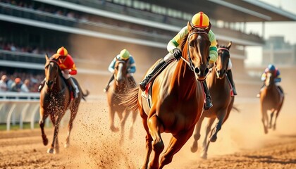 Naklejka premium Cross view of horses racing closely in the hippodrome.