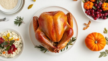 Delicious roasted turkey with side dishes and autumn decorations - a perfect festive meal for Thanksgiving or holiday celebrations.