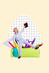 Vertical photo collage of happy blonde boy pencil case backpack school shopping preparation supplies isolated on painted background