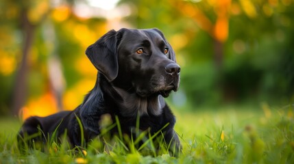 Black Labrador Retriever lying on the grass in a park in summer.