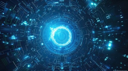 Fototapeta premium Abstract digital art depicting a glowing blue ring surrounded by intricate circuit board patterns. A futuristic concept of data flow.