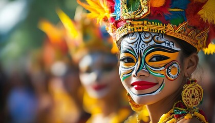 Fototapeta premium A woman with a colorful face painted like a tribal dancer