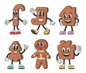 Groovy gingerbread set in trendy retro cartoon style. Cool groovy christmas. Group of mascot stickers, vector characters