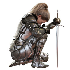 Female warrior knight kneeling wearing decorative metal armor with a transparent background. PNG transparent overlay . 3d rendering