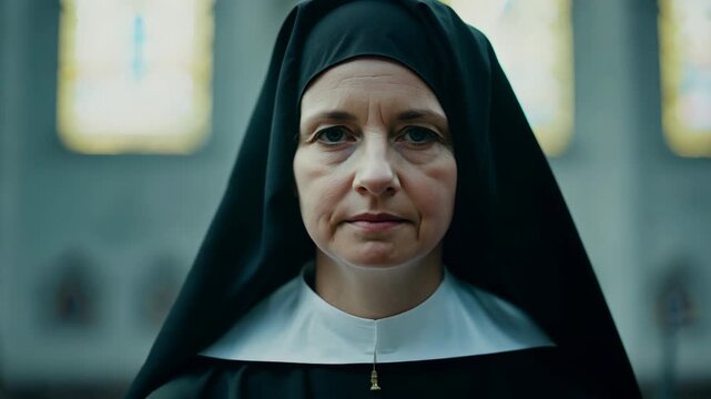 Nun woman vows dedicate life religious service. Chastity and obedience. Monastery, convent background. Sister portrait, looking at camera. Charitable work. Catholic tradition. Divine Office in church.