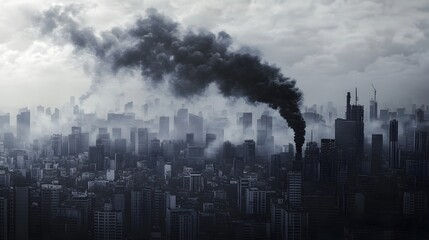 Fototapeta premium Swirling Black Smoke Over Urban Cityscape - Visual Metaphor of CO2 Emissions and Climate Crisis
