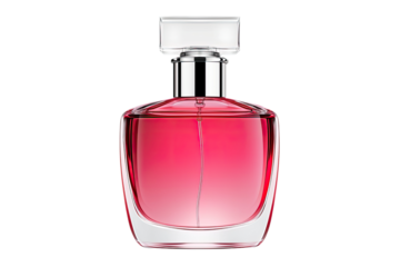 Elegant pink perfume bottle with a modern design. Ideal for luxury beauty and fragrance promotions.