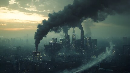 Swirling Black Smoke Engulfing Cityscape - Visual Metaphor of Urban Pollution and Emissions Crisis