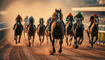 Cross view of horses racing closely in the hippodrome.