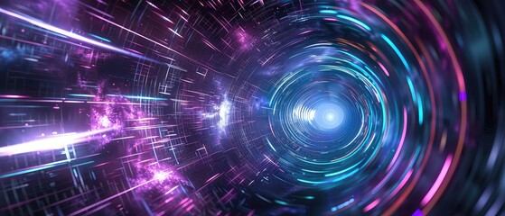 Fototapeta premium Abstract digital art with swirling neon lights and a bright center.