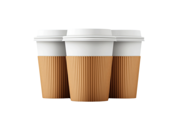 Three disposable coffee cups with a brown sleeve ready for your beverage or takeaway needs, perfect for cafes and events.