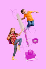 Vertical photo collage of two happy classmates boy girl feather pen ink education back school supplies isolated on painted background