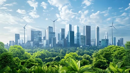 Futuristic Eco-Friendly Cityscape with Renewable Energy and Decreasing CO2 Levels