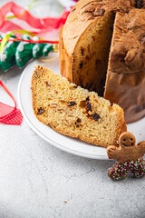 Panettone sweet christmas cake delicious baked goods Christmas background New Year's holiday fresh meal food snack on the table copy space food background rustic top view