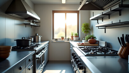 Sunlit Galley Kitchen with High-End Appliances and Minimalist Design