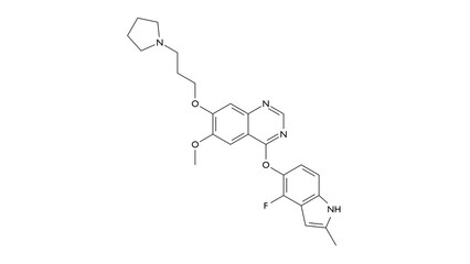 cediranib molecule, structural chemical formula, ball-and-stick model, isolated image recentin