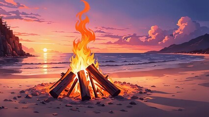 Anime style of a small bonfire on the beach sunset background