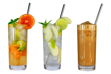 Orange Virjin Mojito, Apple Virgin Mojito, Cold coffee on a transparent background,
