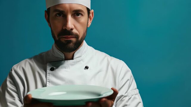 cooking, culinary, male chef holding empty plate, male chef in toque and jacket over blue background, professional, show, serve, cooking, , gourmet, food, service, restaurant, presenting