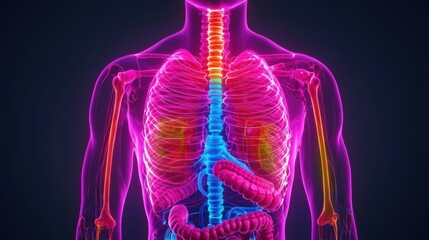 Internal Digestive System Organ Layout in Transparent Human Body Medical Visualization with Copy Space, 8K High Detail Illustration