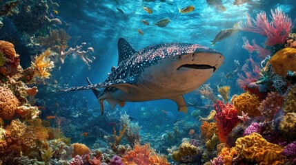 Fototapeta premium A whale shark peacefully gliding through a colorful coral forest