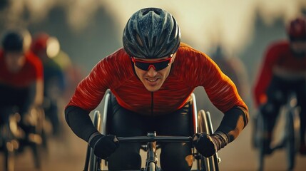 Naklejka premium Adaptive Athletes Competing: A Race of Determination with Wheelchairs and Prosthetics