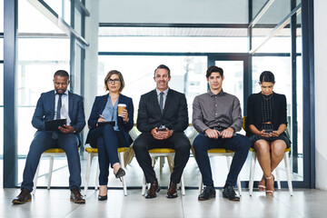 Business people, group and queue in waiting room for interview, hiring opportunity and patience. Portrait, chairs and diverse candidates in office for hr meeting, recruitment and onboarding process