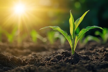 A single green sprout emerges from rich soil with sunlight shining in the background.