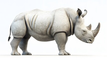 Obraz premium White Rhino, Side View: Majestic and powerful, a white rhinoceros stands confidently against a clean white background. The large, imposing creature is captured in a side view, showcasing its distincti