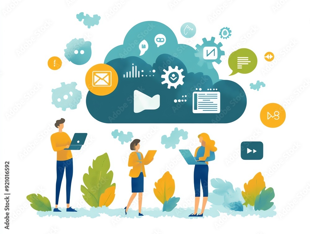 Poster Cloud computing concept with people using laptops.