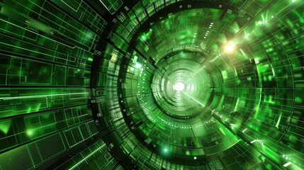 Fototapeta premium Abstract futuristic tunnel with green glowing lights and a bright light at the end.