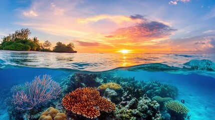 Naklejka premium A colorful coral reef at sunset, with the skys colors reflecting in the water