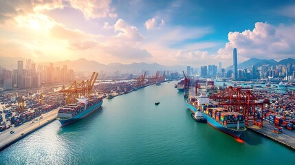 Fototapeta premium Bustling Port City Skyline with Container Ships in the Harbor,Connecting Urban Growth and Maritime