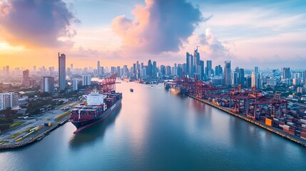 Obraz premium Panoramic Cityscape of Port City Skyline with Container Ships in Harbor