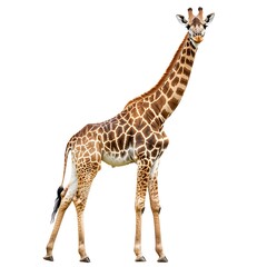 Naklejka premium Gentle Giant: A majestic giraffe stands tall, its long neck reaching towards the sky, a symbol of grace and elegance. This isolated image showcases the intricate pattern of its coat and the gentle exp