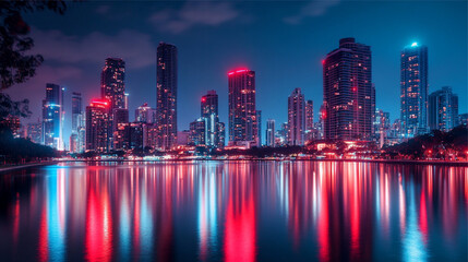 Frankfurt am Main skyline at night with reflection in the river.
