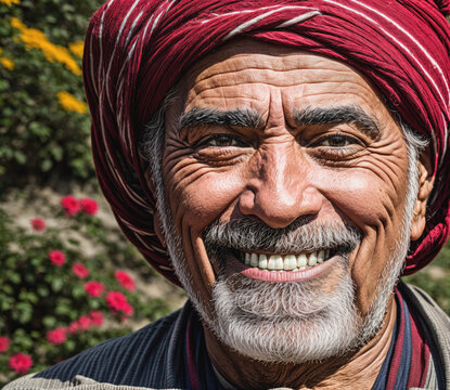 A man with a red turban and a white beard is smiling