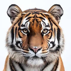 The Majestic Gaze:  A captivating portrait of a regal tiger, its intense gaze and intricate stripes command attention. The pristine white background emphasizes the animal's raw power and beauty.  