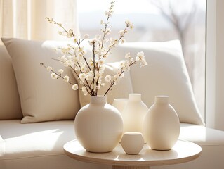 White vases with white flowers on a table.