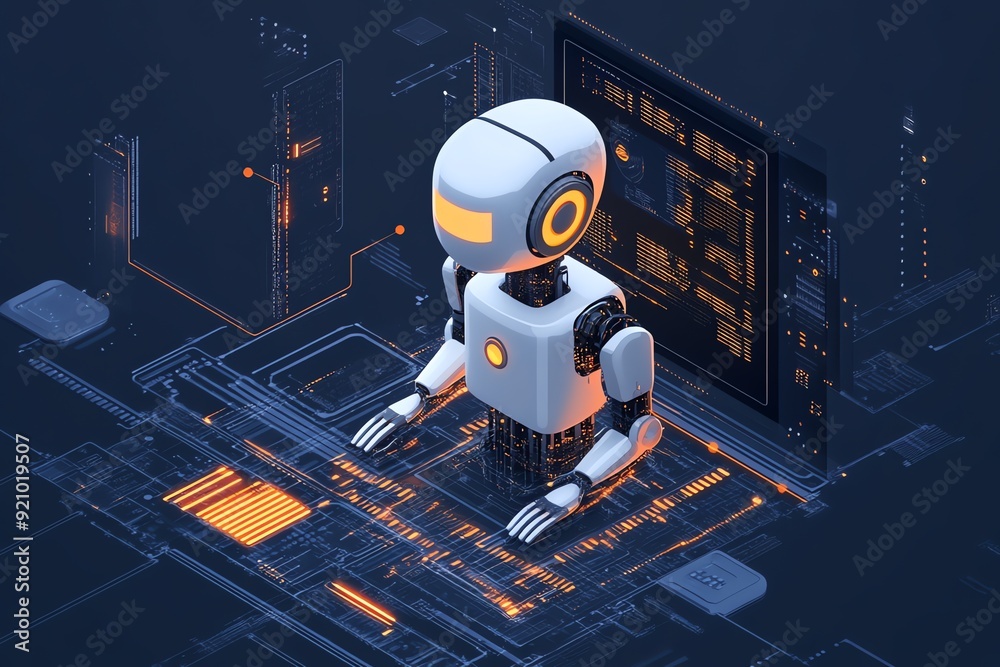 Poster futuristic robot working on circuit board.