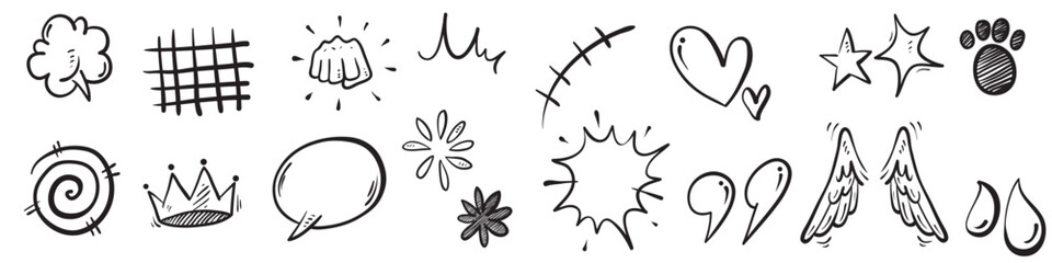 hand drawn set elements abstract arrows ribbons hearts stars crowns other elements hand drawn style