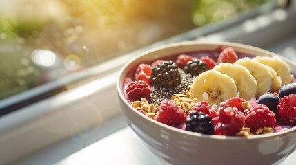 a vibrant smoothie bowl topped with fresh berries, banana slices, chia seeds, and a sprinkle of granola, set on a rustic wooden table with a linen napkin and a spoon