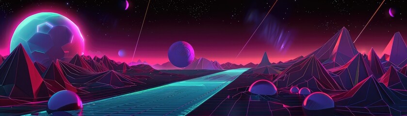 Neon-lit landscape with glowing orbs and a glowing path.