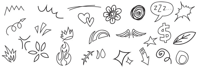 hand drawn set elements abstract arrows ribbons hearts stars crowns other elements hand drawn style