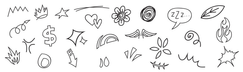hand drawn set elements abstract arrows ribbons hearts stars crowns other elements hand drawn style